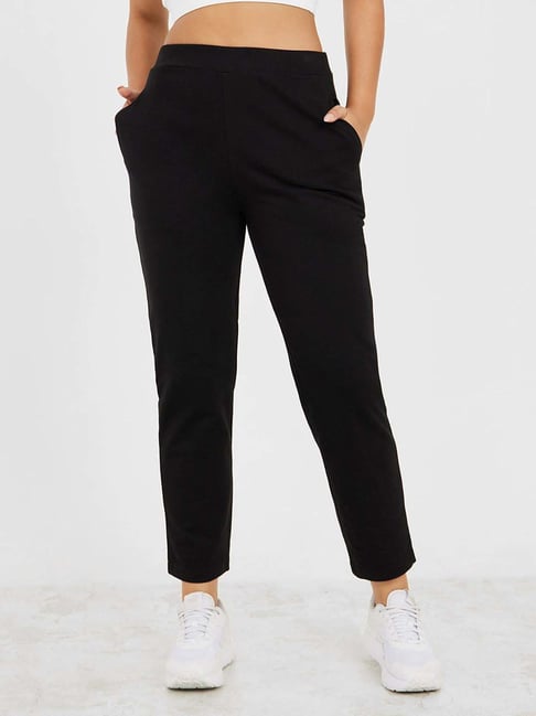 Styli Black Cotton Straight Leg Active Pants With Side Pockets