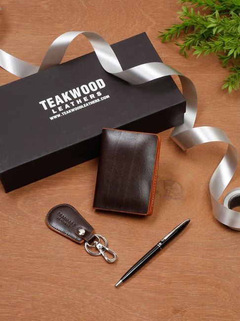 Teakwood Leathers Brown Leather Bi-fold Wallet, Keychain & Pen Gift Set for Men