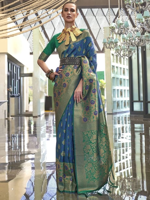 Elora Rama Green Silk Printed Saree With Unstitched Blouse