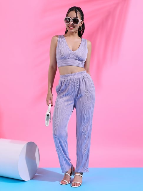 Campus Sutra Purple Textured Crop Top Pant Set-picture-11