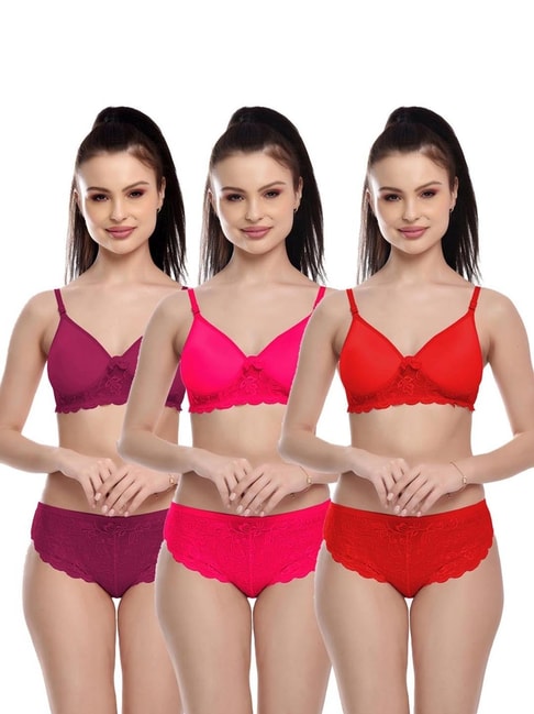 FIMS Red & Purple Lace Work Bra Panty Sets - Pack Of 3