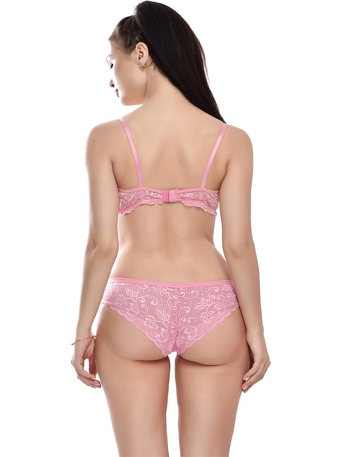 FIMS Pink Lace Work Bra Panty Set