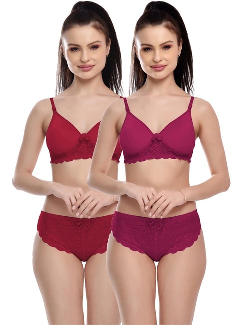 FIMS Violet & Maroon Lace Work Bra Panty Sets - Pack Of 2
