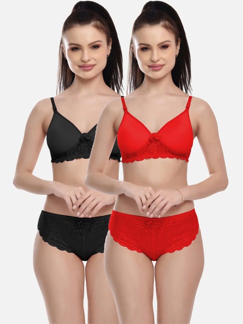 FIMS Red & Black Lace Work Bra Panty Sets - Pack Of 2