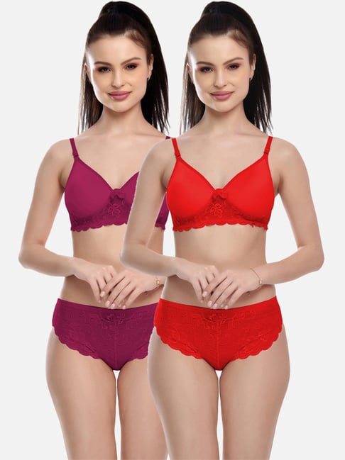 FIMS Red & Purple Lace Work Bra Panty Sets - Pack Of 2