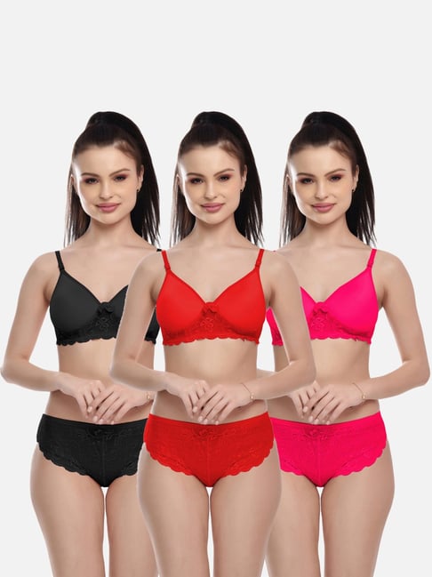 FIMS Red & Black Lace Work Bra Panty Sets - Pack Of 3