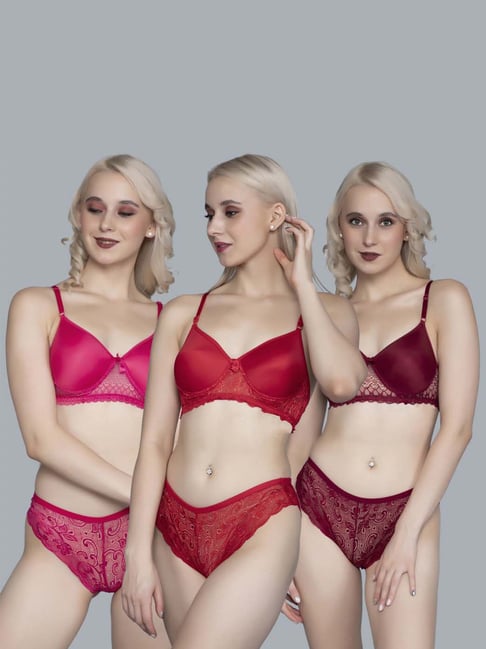 FIMS Red & Maroon Lace Work Bra Panty Sets - Pack Of 3