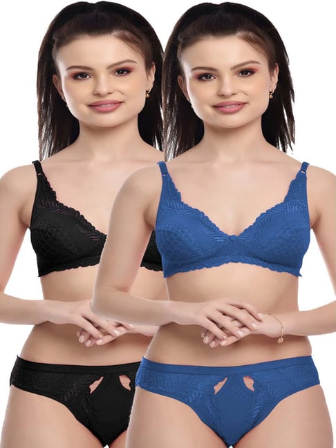 FIMS Black & Blue Lace Work Bra Panty Sets - Pack Of 2-picture-37