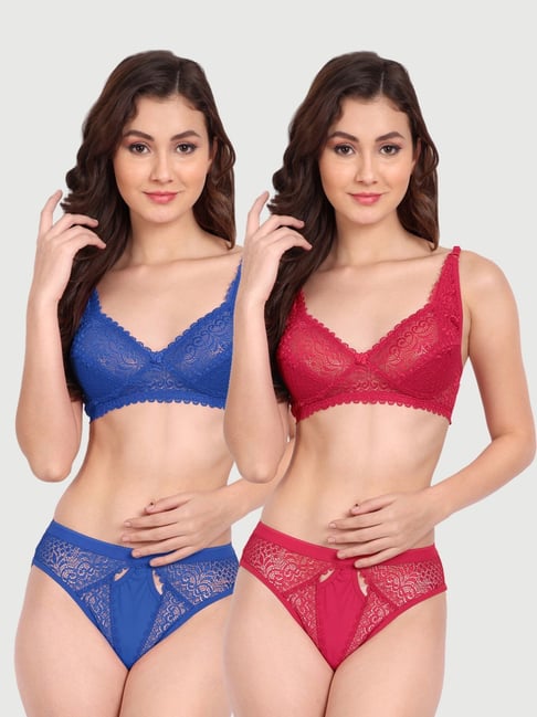 FIMS Blue & Pink Lace Work Bra Panty Sets - Pack Of 2