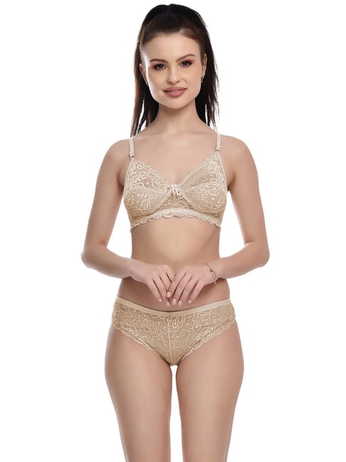 FIMS Green & Beige Lace Work Bra Panty Sets - Pack Of 2