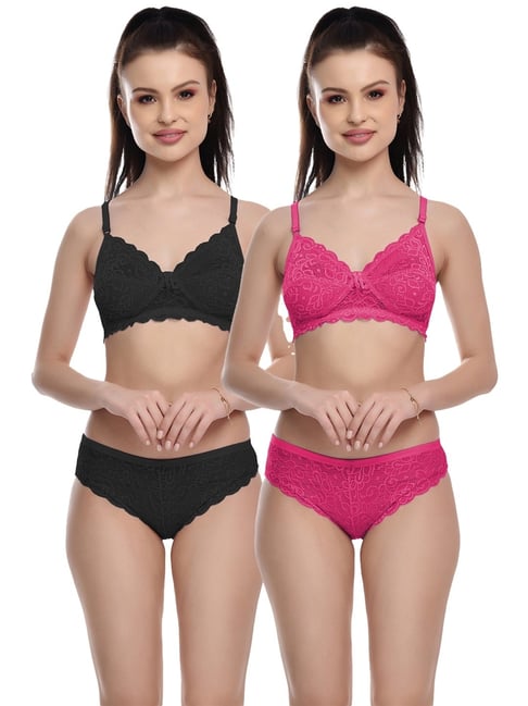 FIMS Pink & Black Lace Work Bra Panty Sets - Pack Of 2