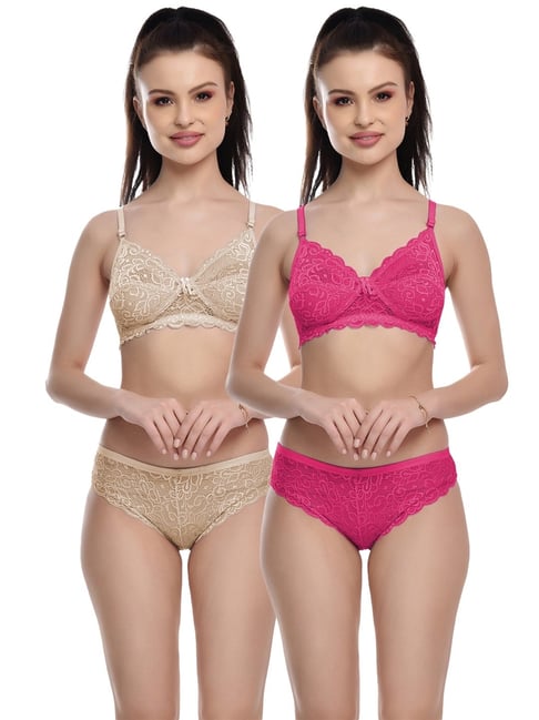 FIMS Pink & Beige Lace Work Bra Panty Sets - Pack Of 2