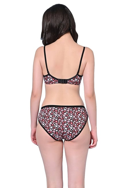FIMS Black & Red Floral Print Bra Panty Sets - Pack Of 2
