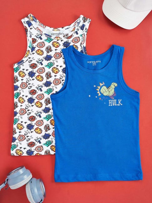 Pantaloons Junior Kids Blue & White Cotton Printed Hulk Vest (Pack of 2)
