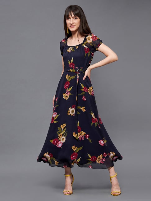 Miss Chase Navy Floral Print Midi Dress