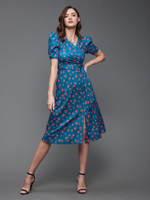 Buy Miss Chase Blue & Orange Floral Print Wrap Dress for Women Online @  Tata CLiQ