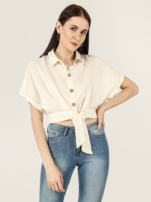 Anvi Be Yourself Off-White Tie-Up Crop Shirt-picture-33