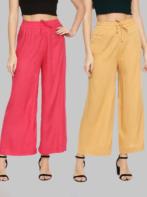 TWIN BIRDS Pink & Beige Mid Rise Palazzos - Pack Of 2-picture-26