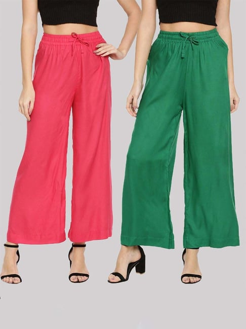 TWIN BIRDS Pink & Green Mid Rise Palazzos - Pack Of 2-picture-45