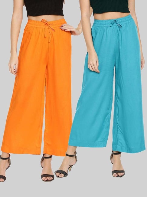 TWIN BIRDS Orange & Blue Mid Rise Palazzos - Pack Of 2-picture-17