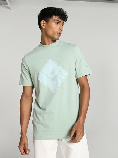 Puma Green Fog Cotton Regular Fit Printed T Shirt