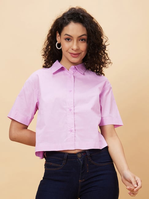 Globus Lilac Cotton Regular Fit Cropped Shirt-picture-42