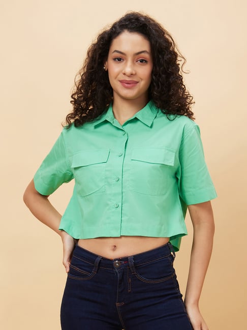 Globus Green Cotton Regular Fit Cropped Shirt-picture-37
