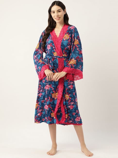 Buy Ms.Lingies Blue Printed Nightwear With Robe for Women Online