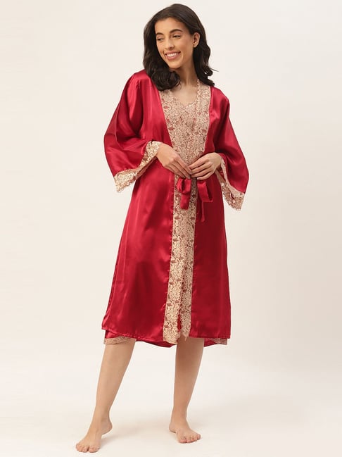 Ms.Lingies Maroon Lace Work Nightwear With Robe-picture-46