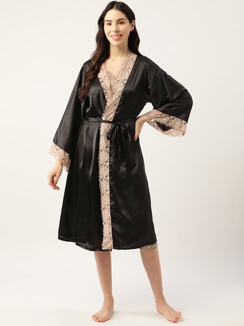 Buy Ms.Lingies Black Lace Work Nightwear With Robe for Women