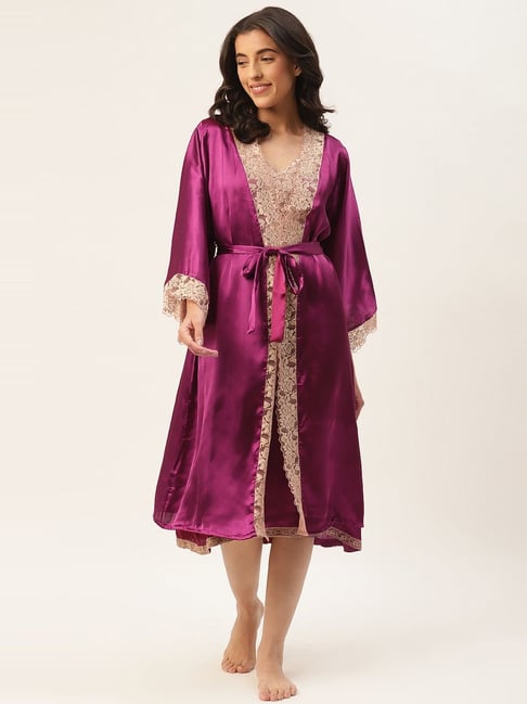 Buy Ms.Lingies Purple Lace Work Nightwear With Robe for Women