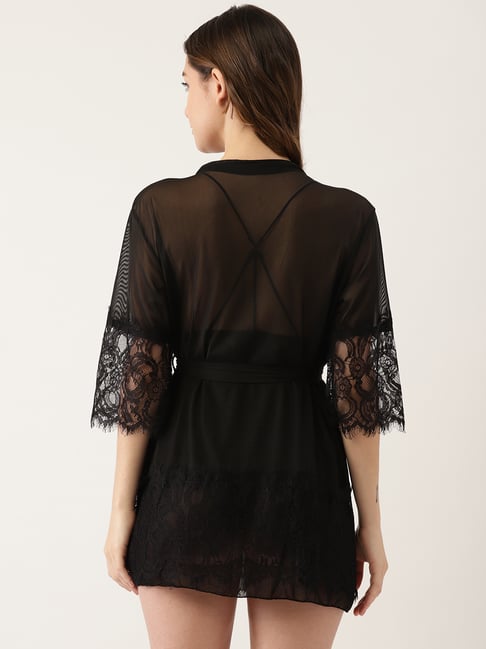 Buy Black Lace Work Babydoll With Robe for Women Online