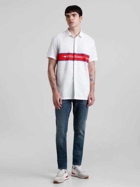 Jack & Jones White Regular Fit Printed Cotton Shirt