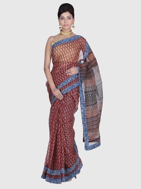 Geroo Jaipur Maroon & Blue Cotton Silk Printed Saree Without Blouse-picture-25
