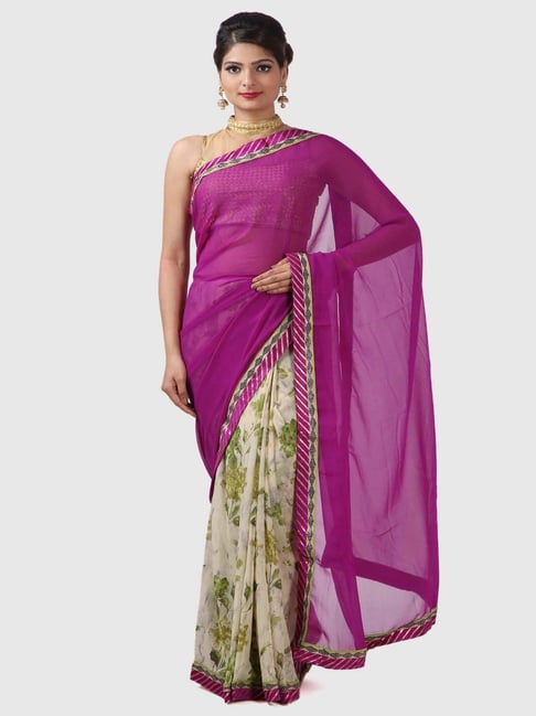 Geroo Jaipur Purple & White Printed Saree With Unstitched Blouse-picture-11