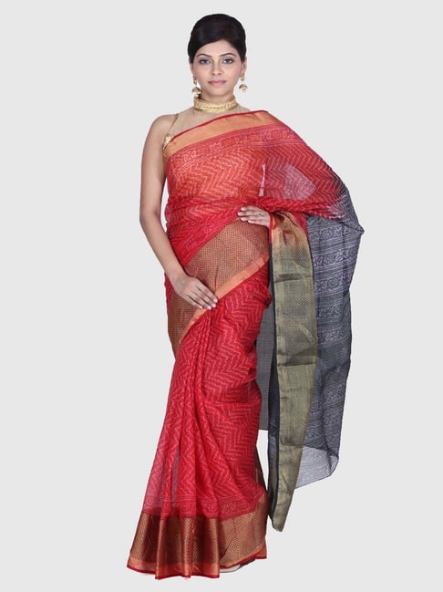 Geroo Jaipur Red & Blue Printed Saree With Unstitched Blouse-picture-14