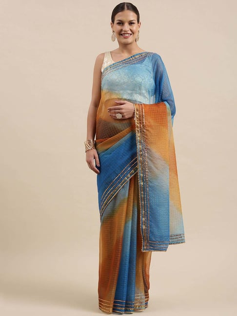 Geroo Jaipur Blue & Brown Printed Saree With Unstitched Blouse-picture-15