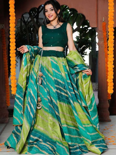 Green and Royal Blue color Ikkat Lehengas with kaddy border design  -IKPL0000686