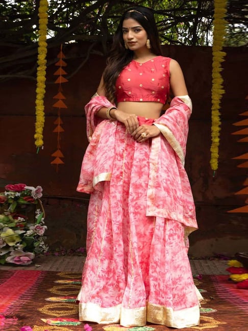 Indi Inside Pink Printed Unstitched Lehenga Choli Set With Dupatta
