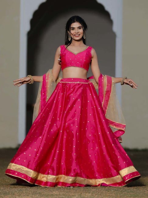 Buy Pink Thread Embroidery Silk Bridal Lehenga With Yellow Choli From  Ethnic Plus