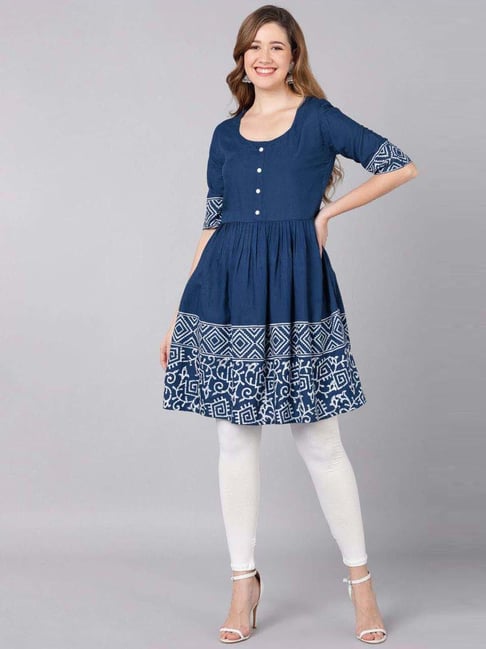 Indi Inside Blue Cotton Printed Fit and Flare Kurti