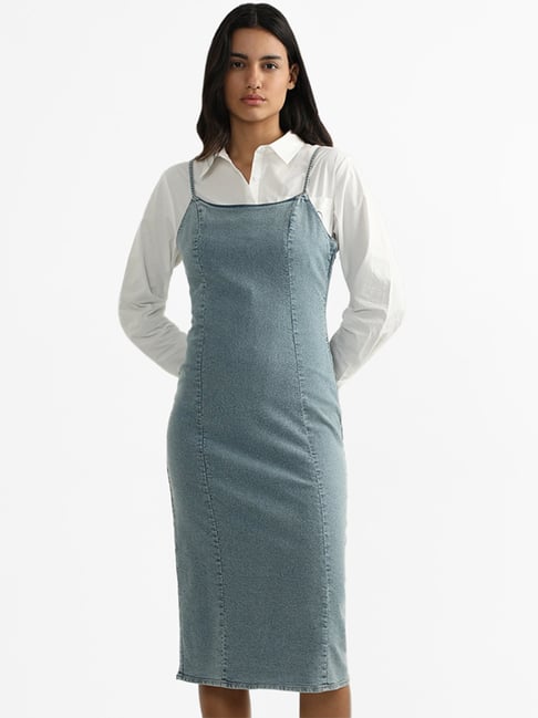 Nuon by Westside Solid Light Blue Strappy Shoulder Denim Dress