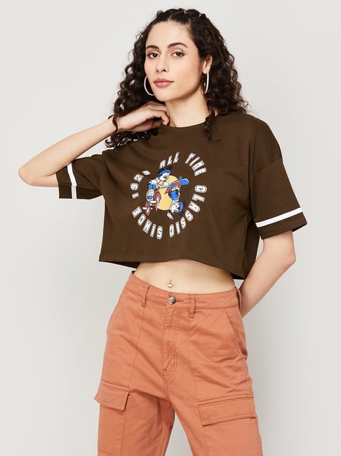 Ginger by Lifestyle Brown Cotton Graphic Print Top