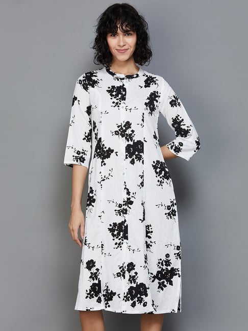 Colour Me by Melange White Black Floral Print A-Line Dress