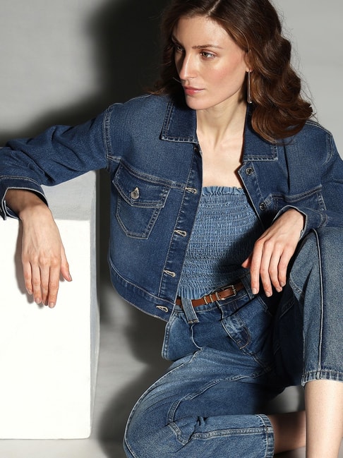 Buy online Women Blue Solid Cropped Denim Jacket from jackets and blazers  and coats for Women by Showoff for ₹1809 at 65% off | 2024 Limeroad.com