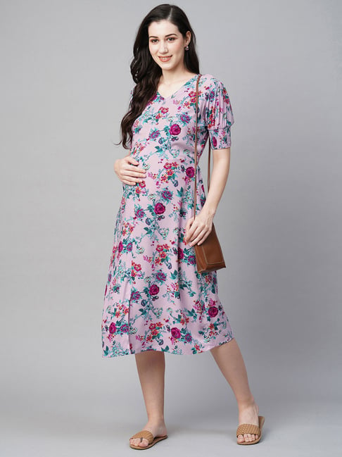 strapless open back dress Angel Maternity Avery Baby Shower Maternity Dress- Purple Floral Print