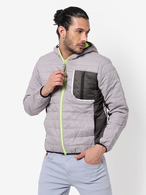 Campus Sutra Grey Regular Fit Quilted Hooded Jacket-picture-10