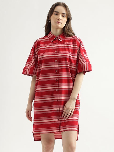 United Colors of Benetton Red Cotton Striped Shirt Dress - Main Image