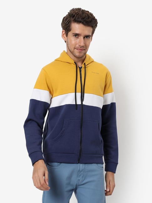 Campus Sutra Yellow & Blue Cotton Regular Fit Colour Block Hooded Sweatshirt-picture-10