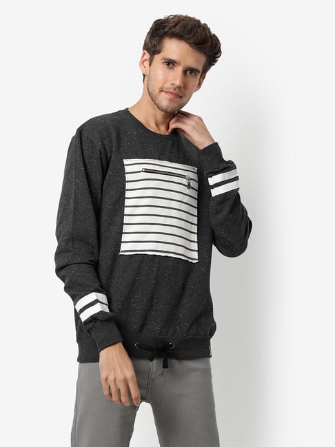 Campus Sutra Charcoal & White Cotton Regular Fit Striped Sweatshirt-picture-21